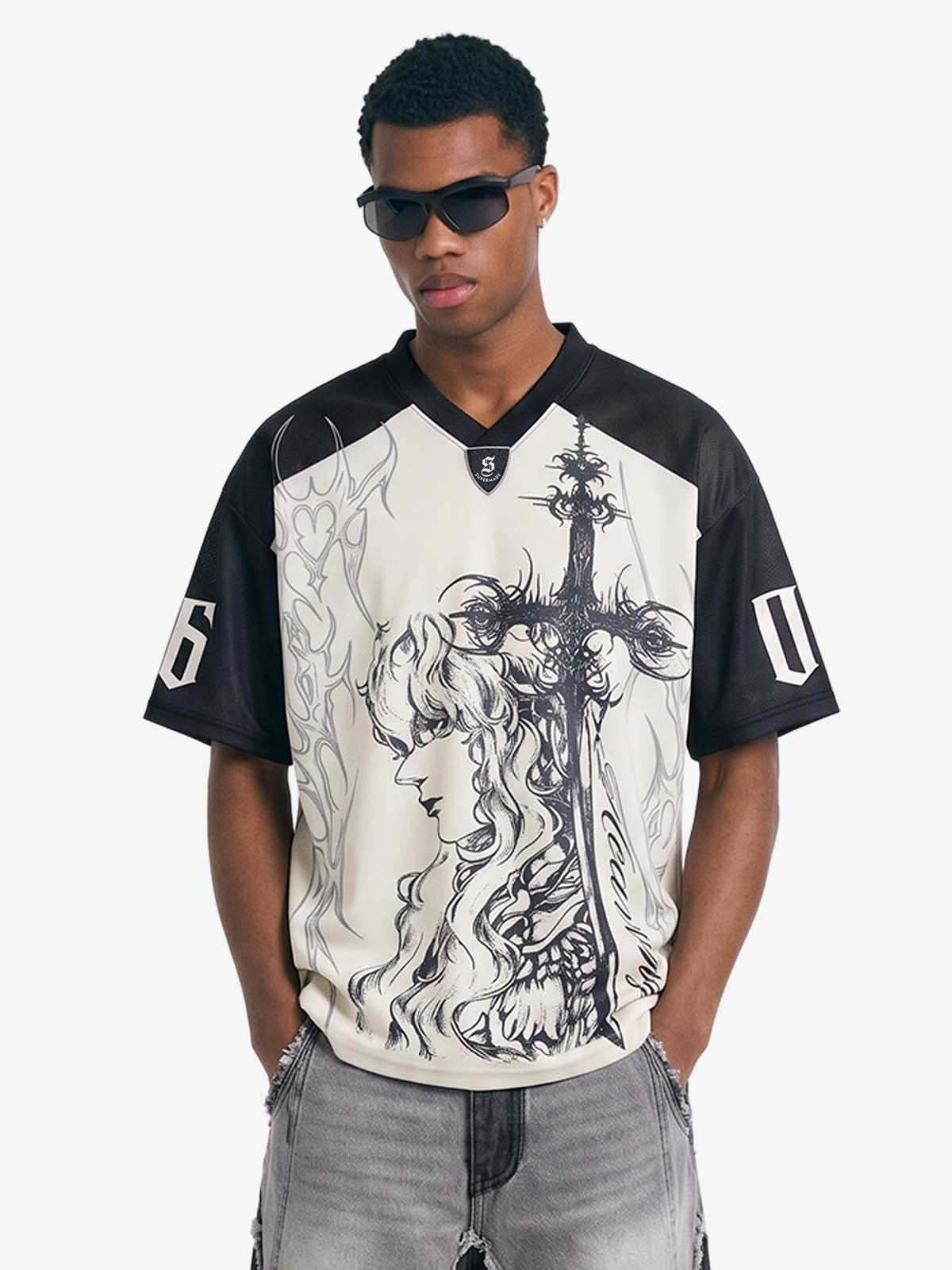 Oversized Mesh Football Jersey Tee – Gothic Number Graphic Sport T-Shirt