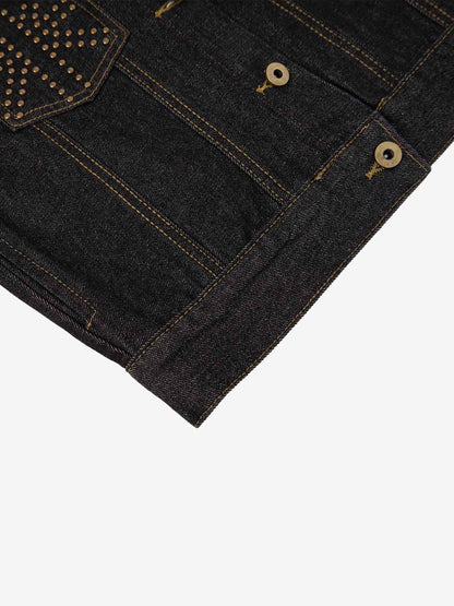 Leopard Flag Studded Pocket Denim Jacket
