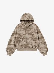 Distressed Camo Zip Hoodie & Wide-Leg Sweatpants Set