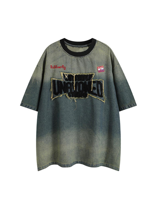 Distressed Washed Patchwork Gradient Denim T-shirt 