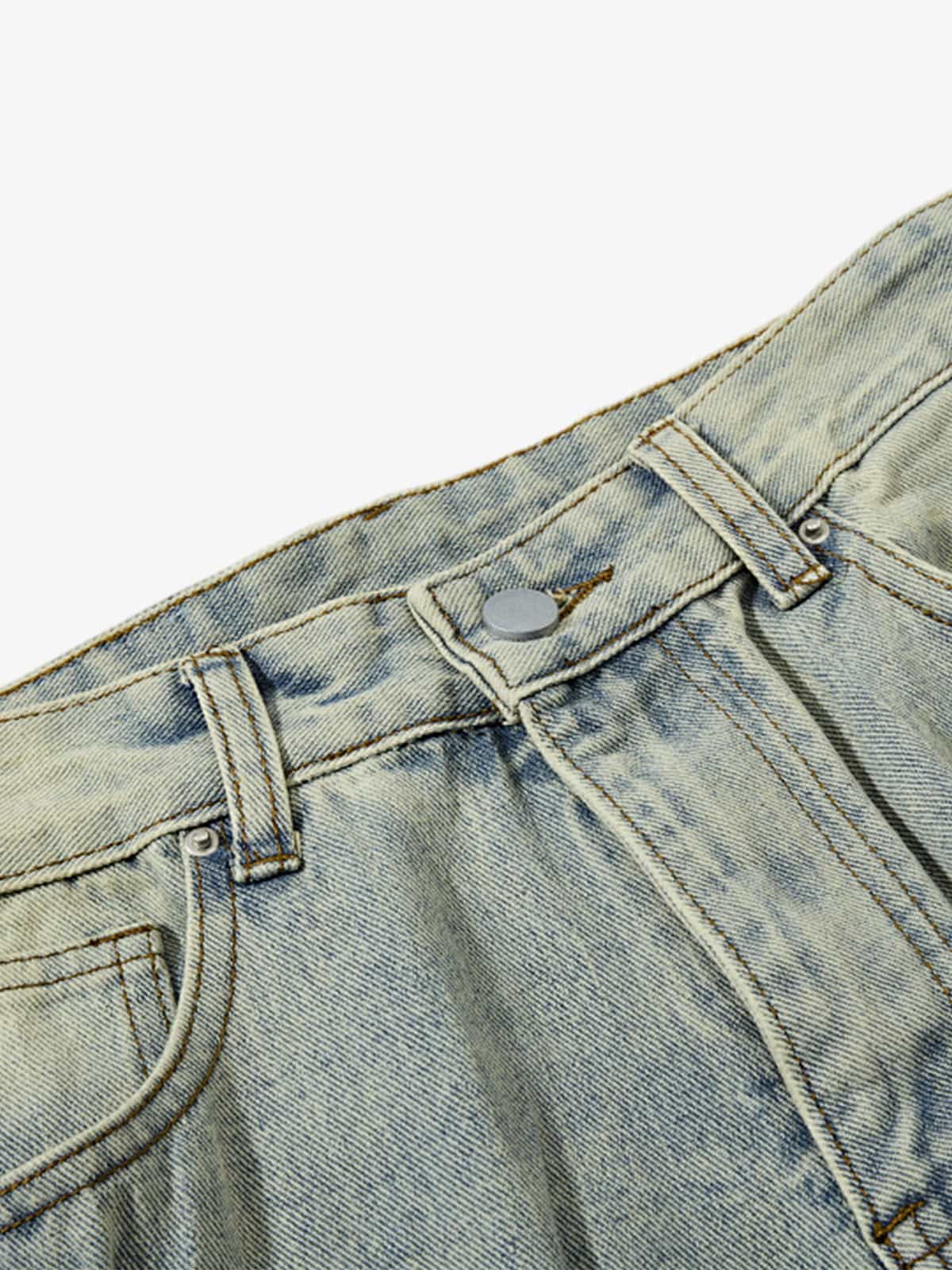 Denim Wide Leg Pants with Distressed Wash and Metal Studs 