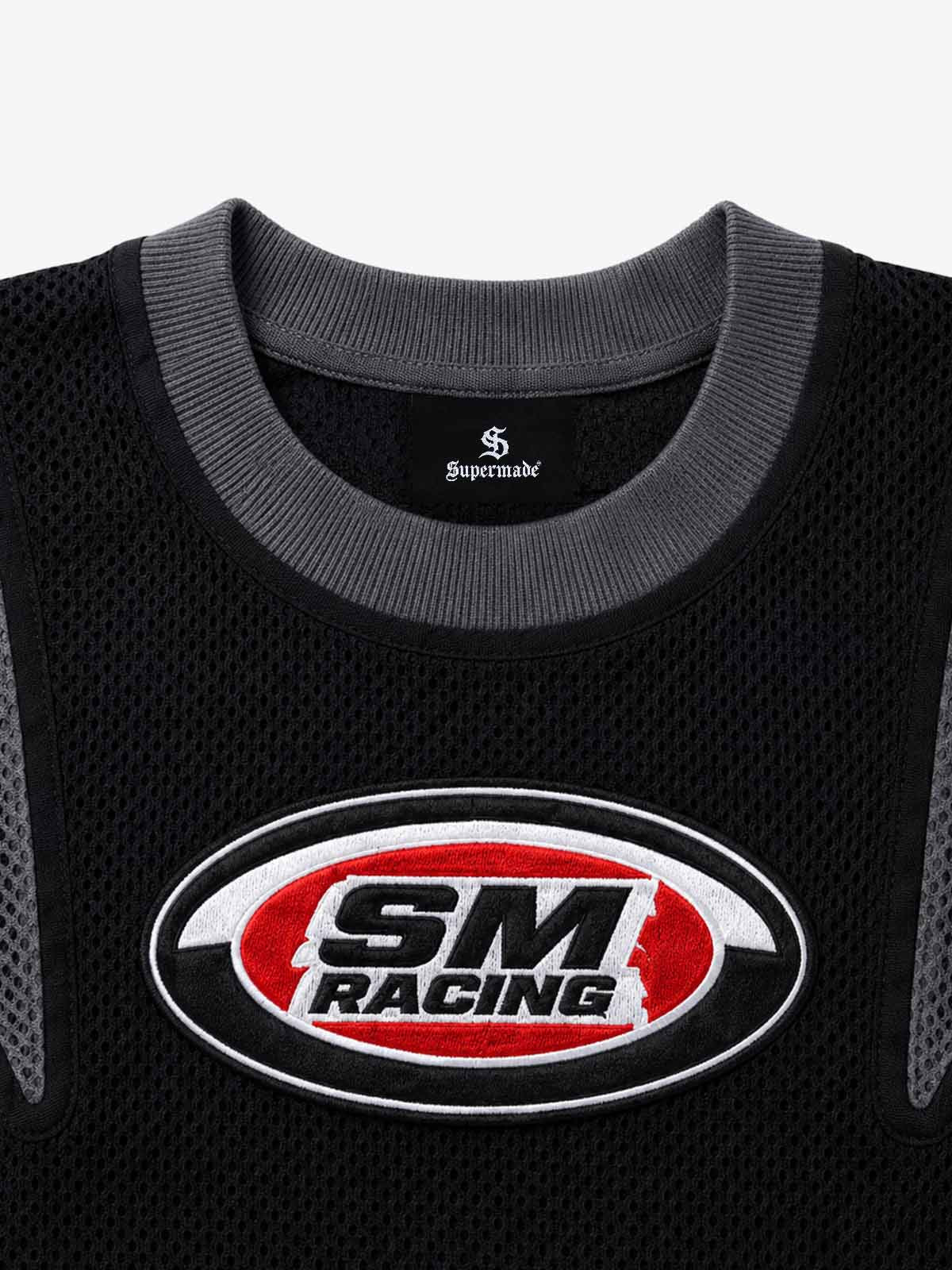 Cross Racing Embroidered Mesh Paneled Cropped Top