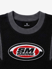 Cross Racing Embroidered Mesh Paneled Cropped Top