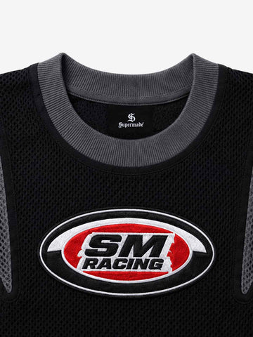 Cross Racing Embroidered Mesh Paneled Cropped Top