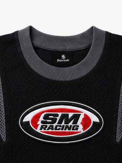 Cross Racing Embroidered Mesh Paneled Cropped Top