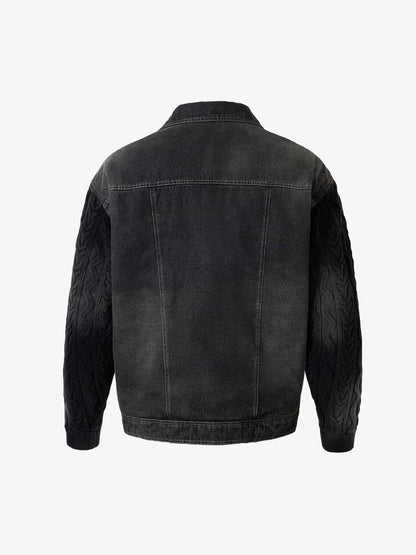 Stylish Denim Jacket with Cable Knit Sleeves and Leather Patches for Men 