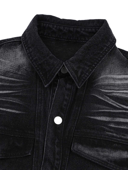 Distressed Washed Workwear Denim Shirt And Jorts Set 
