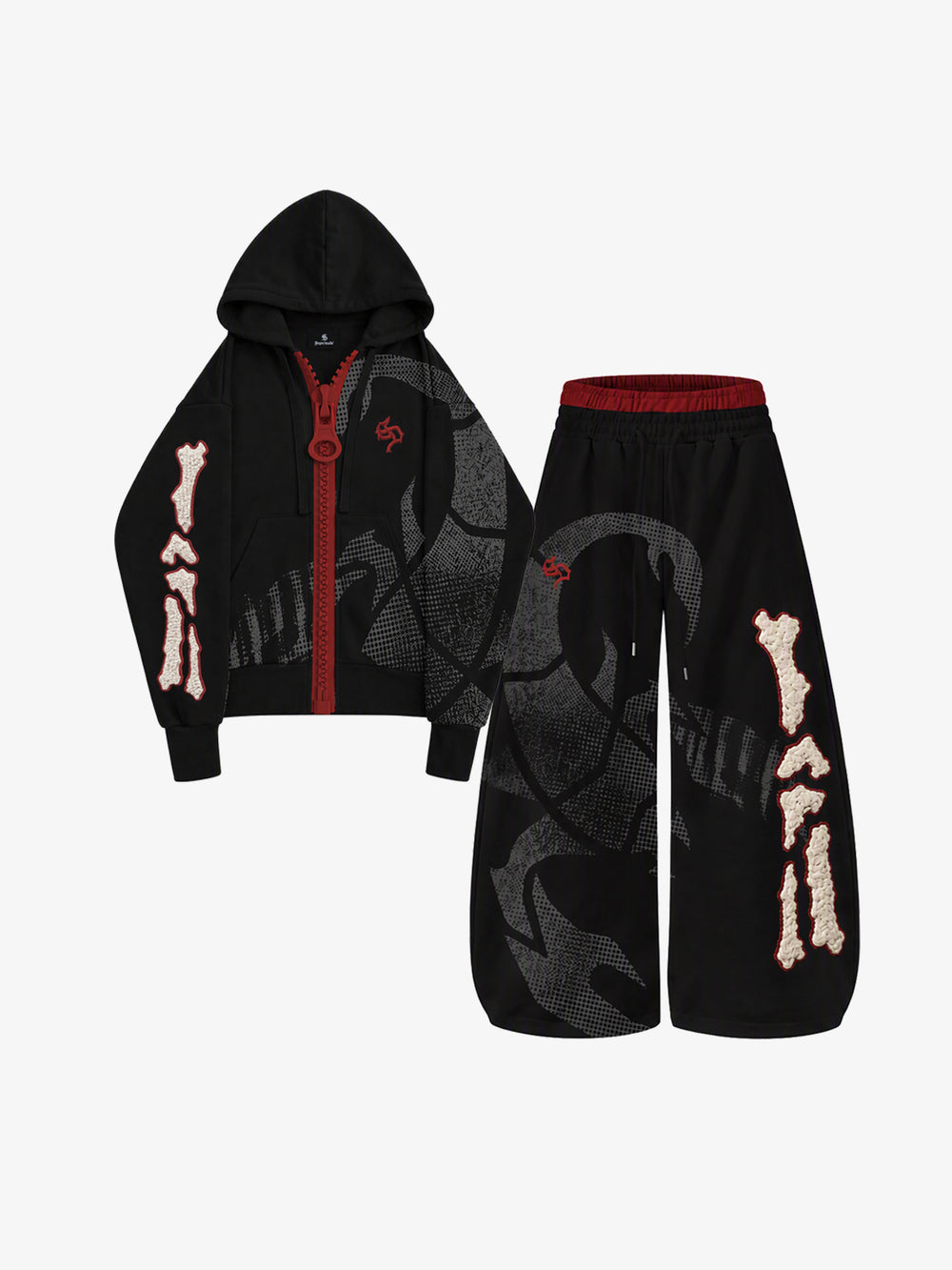 Oversized-Zip Skeleton Graphic Hoodie & Wide-Leg Sweatpants Set