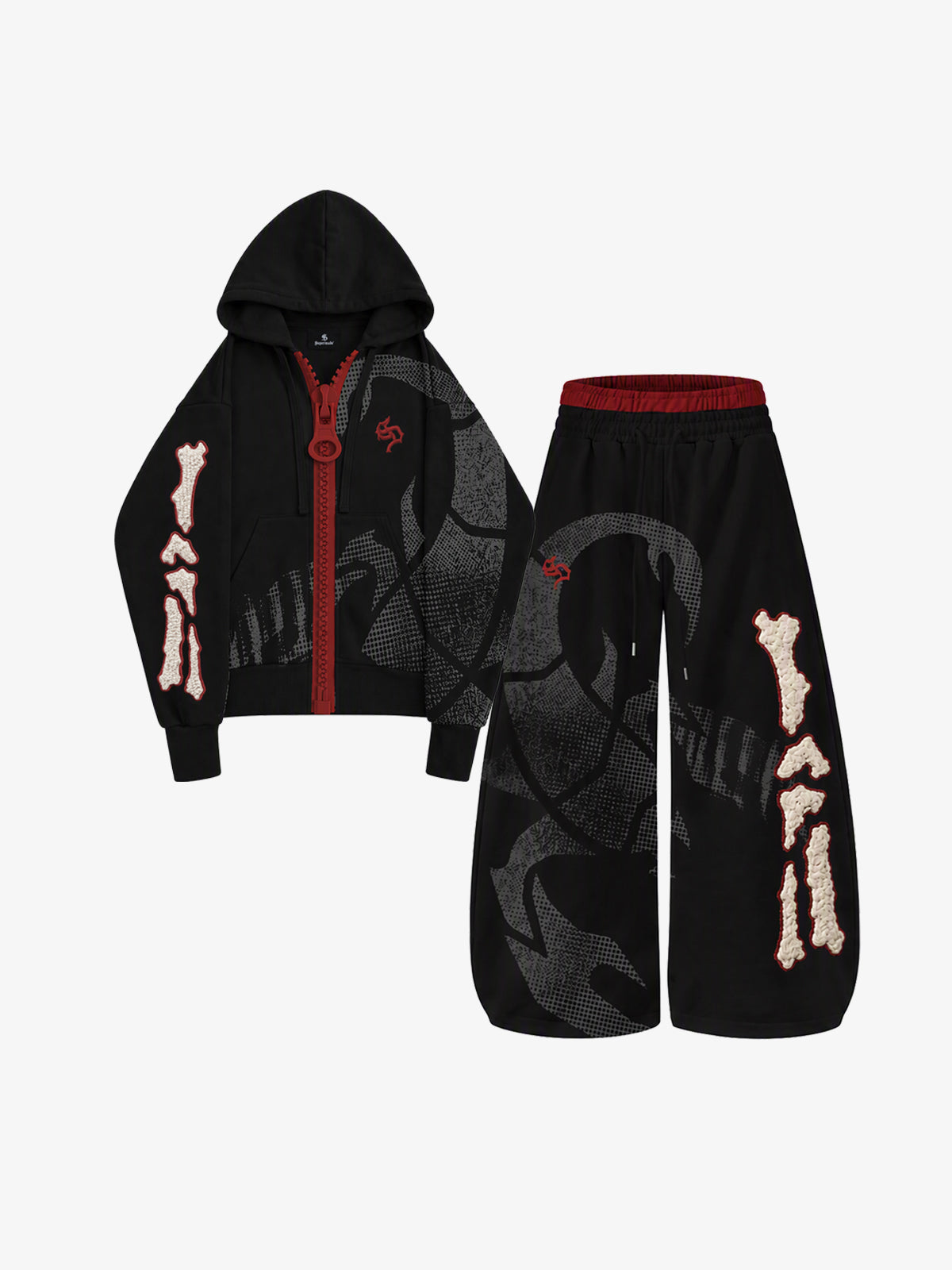 Oversized-Zip Skeleton Graphic Hoodie & Wide-Leg Sweatpants Set