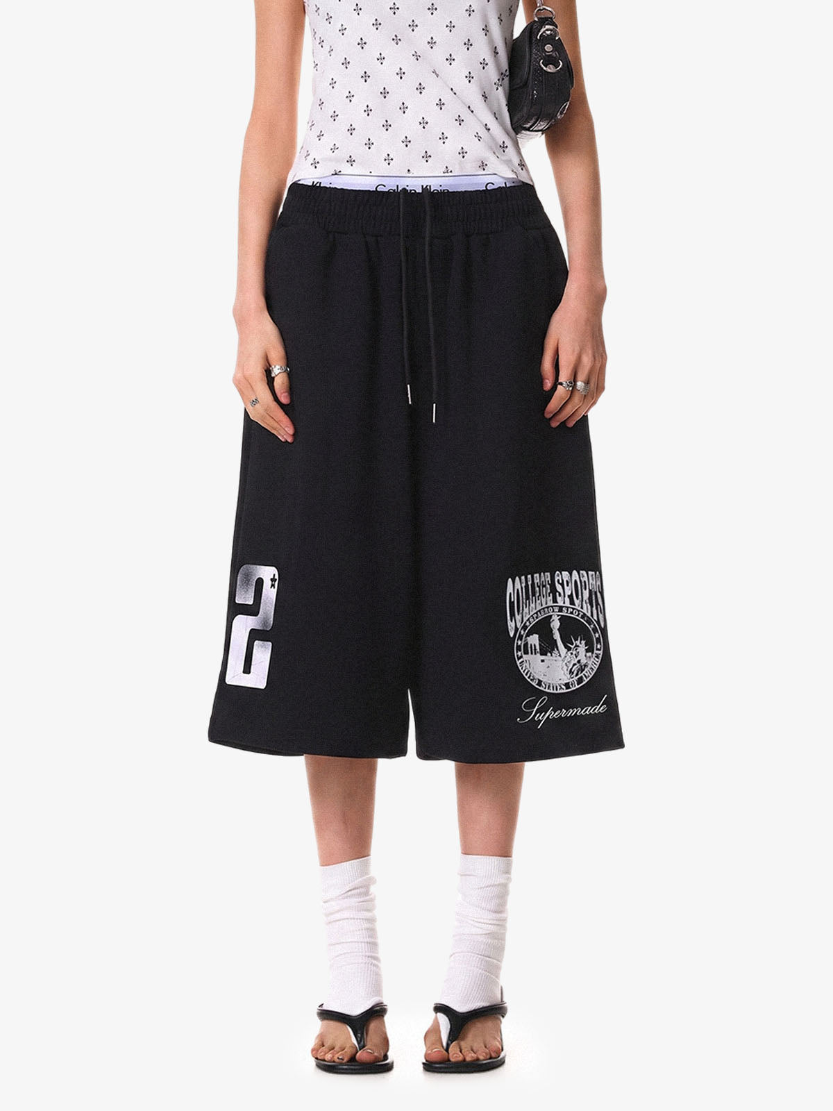 Distressed Letter Graphic Cropped Wide-Leg Shorts