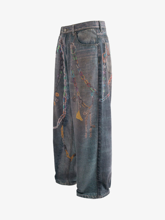 Retro High street Washed 3D Chain Printed Jeans 