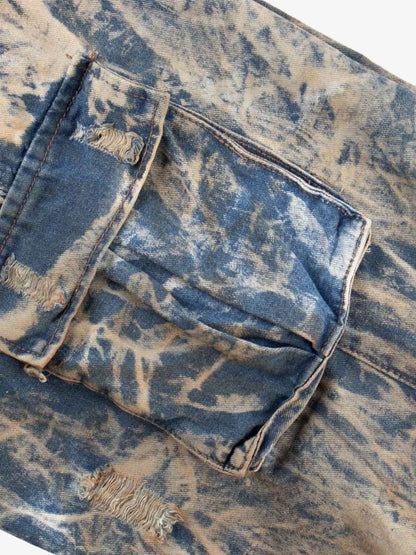 Double Waistband Acid Wash Patchwork Cargo Jeans