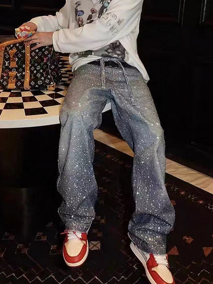 Distressed Diamond Decorated Belt Jeans 