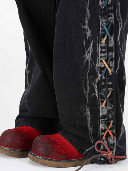 Retro Colorful Lace-Up Side Panel Spray-Washed Wide Leg Jeans 