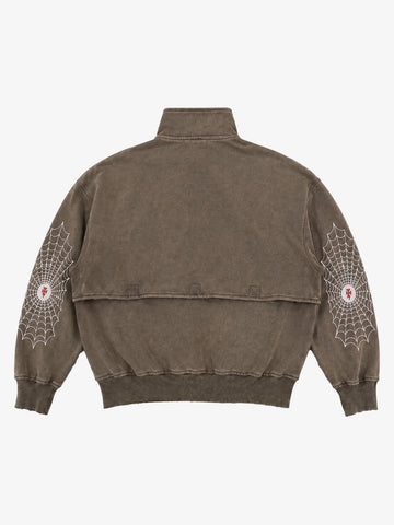 Spiderweb Graphic Washed Distressed Half-Zip Hoodie