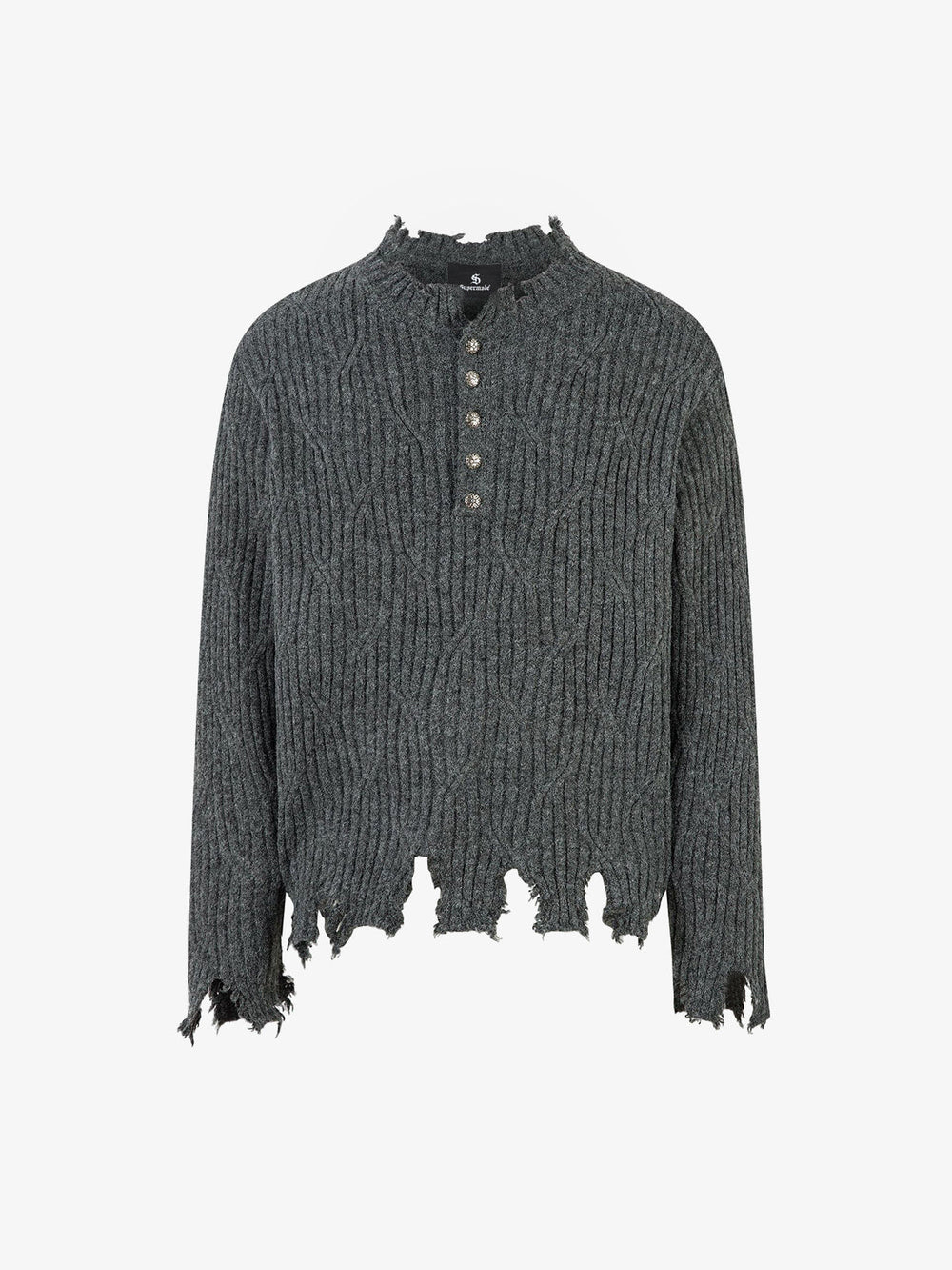 Knitted Distressed Diamond Pattern Raw Edge Sweater 