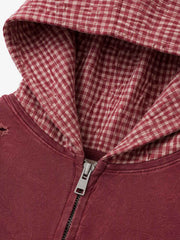 Plaid Paneled Distressed Cropped Zip Hoodie