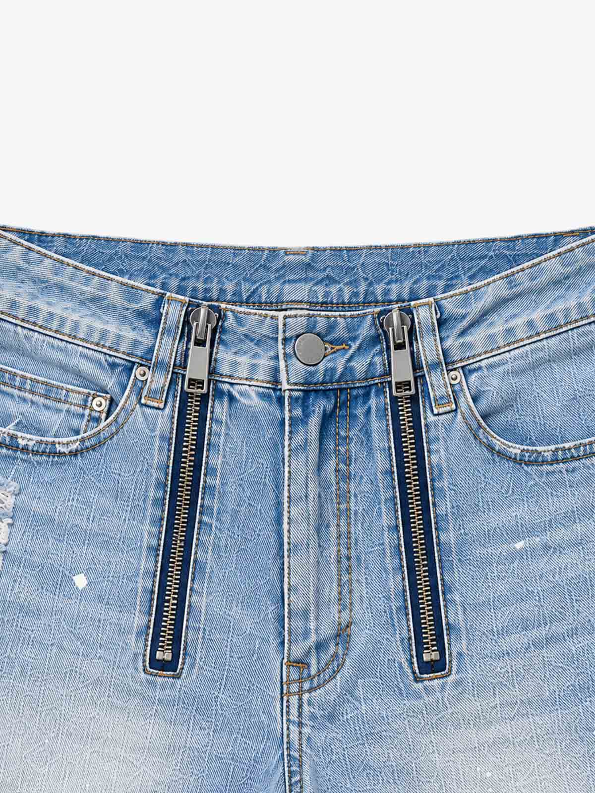 Double-Zip Paneled Distressed Bootcut Jeans