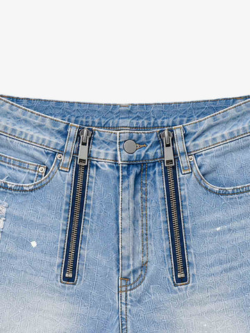 Double-Zip Paneled Distressed Bootcut Jeans