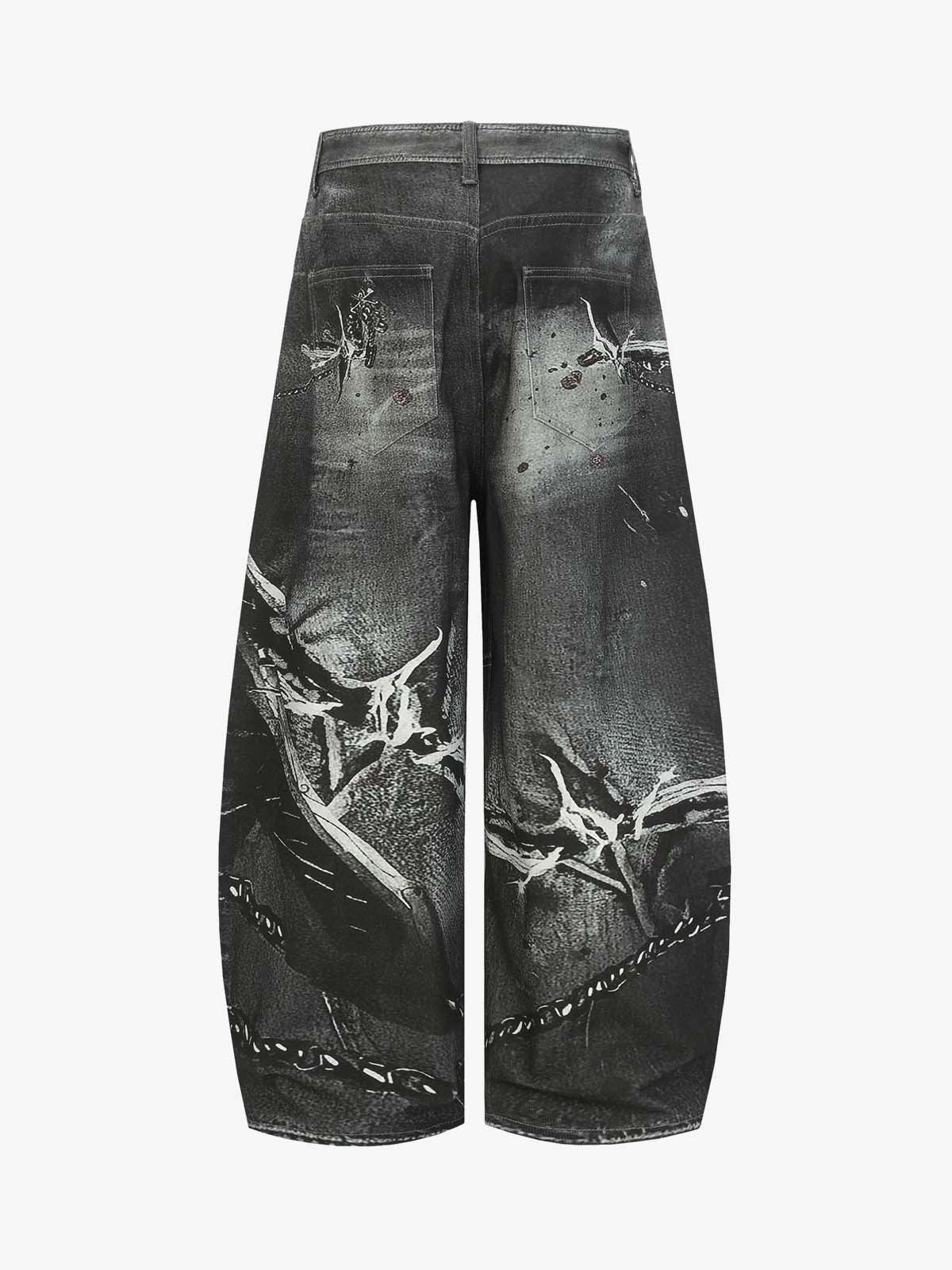 Black Printed Denim Wide-Leg Pants with Gothic Art Design for Men and Women 