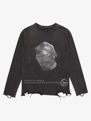 Medieval Helmet Graphic Distressed Long Sleeve Tee