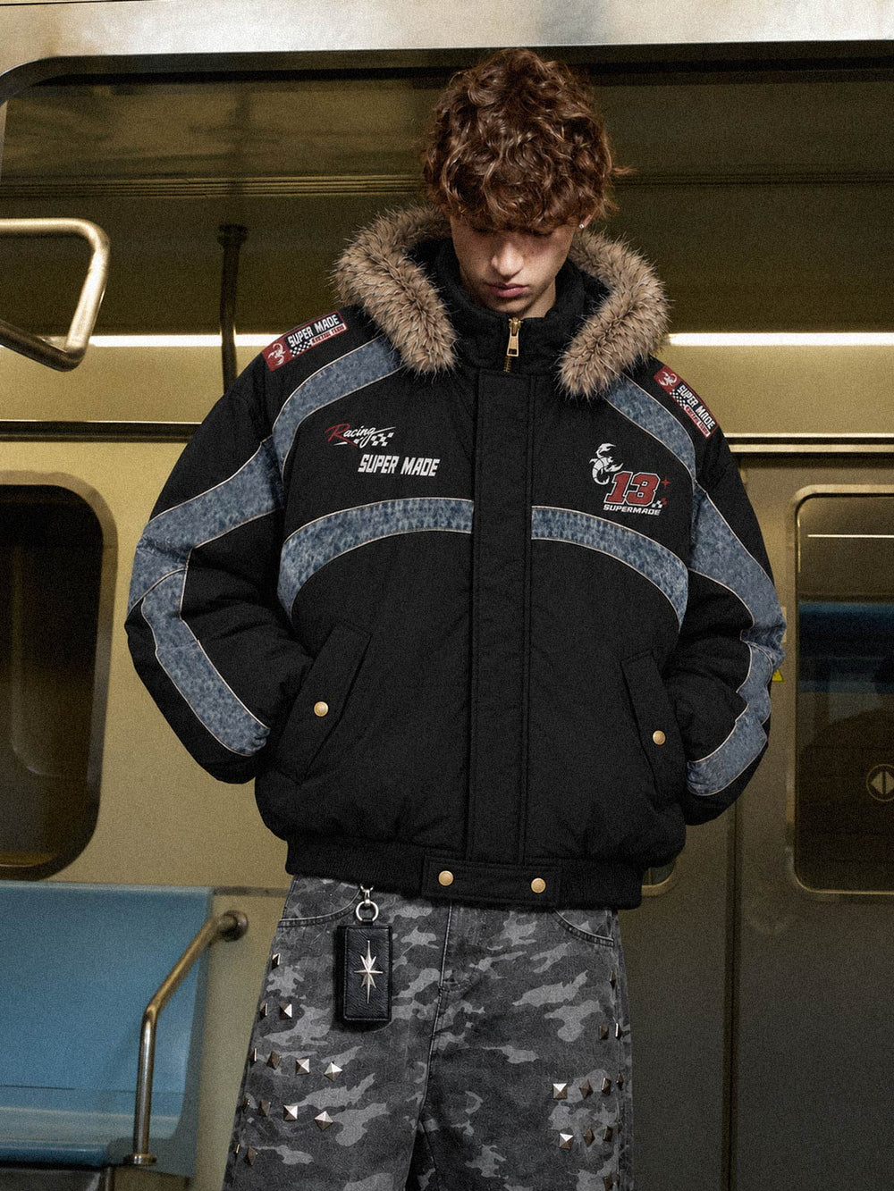 Denim Panel Hooded Padded Coats