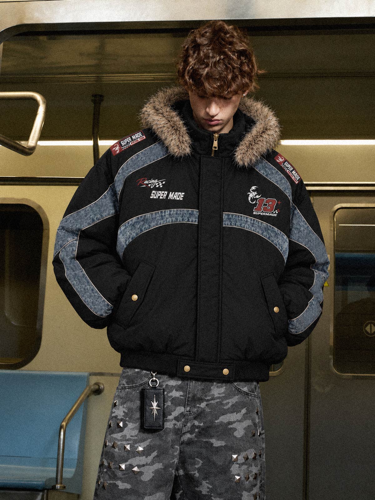 Denim Panel Hooded Padded Coats
