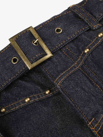 Thesupermade Raw Denim Rhinestone Turn-up Baggy Jeans