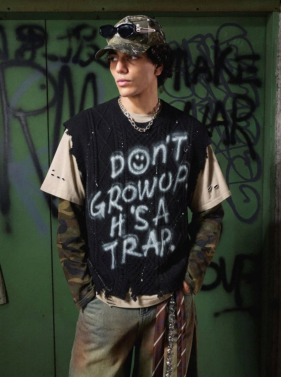 Distressed Graffiti Cable-Knit Vest