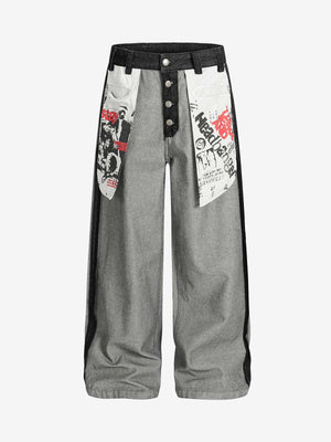 Distressed Reverse Design Large Pocket Printed Jeans 