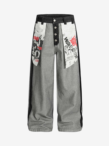 Distressed Reverse Design Large Pocket Printed Jeans - 2568 