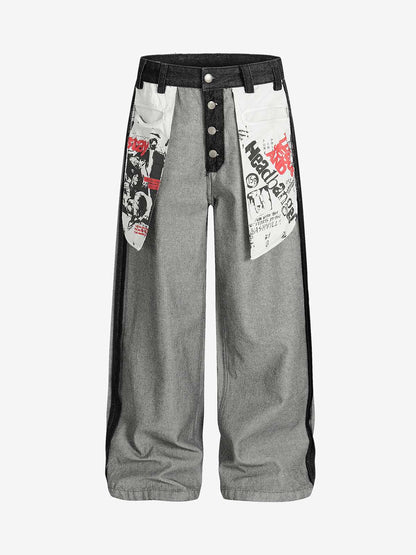 Distressed Reverse Design Large Pocket Printed Jeans 