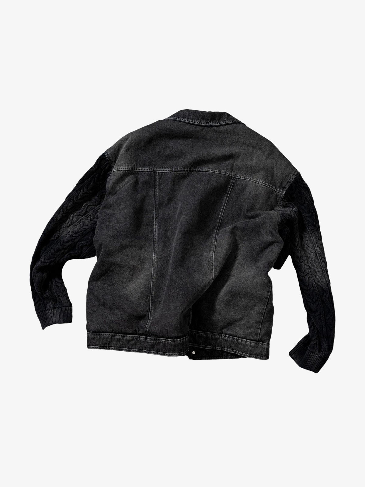 Stylish Denim Jacket with Cable Knit Sleeves and Leather Patches for Men 