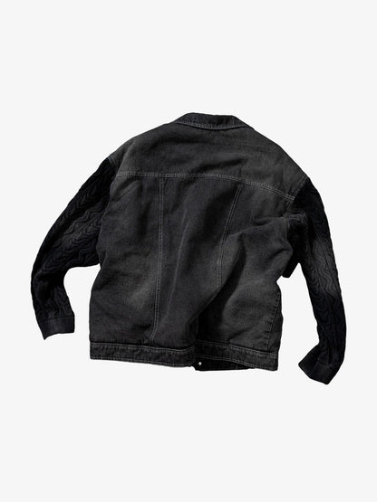 Stylish Denim Jacket with Cable Knit Sleeves and Leather Patches for Men 