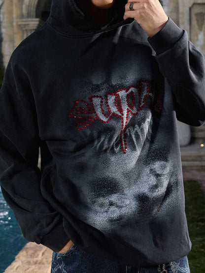 Rhinestone Letter Airbrush Graphic Pullover Hoodie 