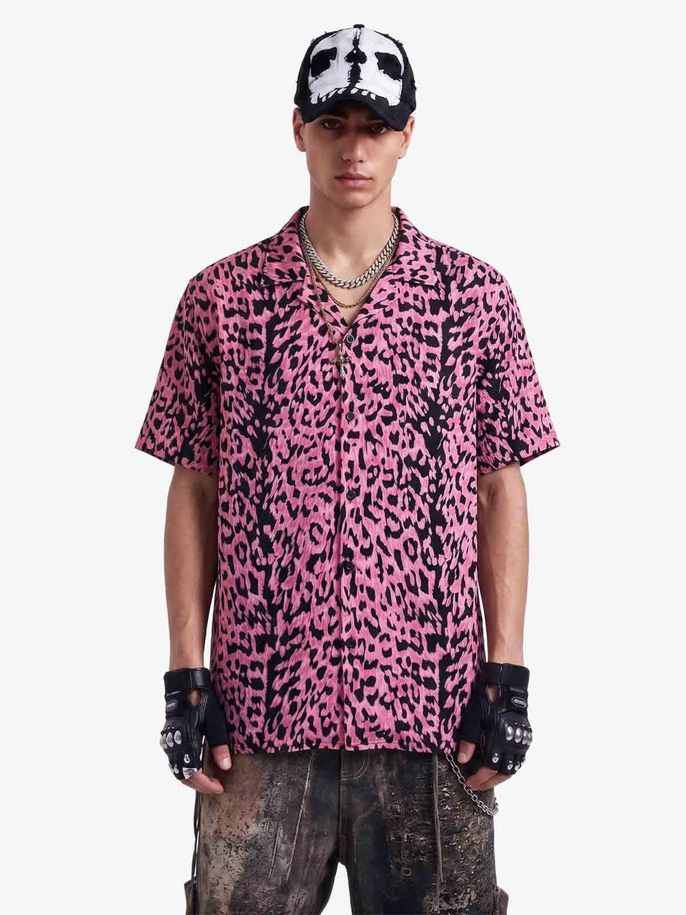 Cyber Punk Leopard Print Camp Collar Boxy Shirt 