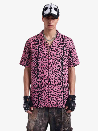 Cyber Punk Leopard Print Camp Collar Boxy Shirt 