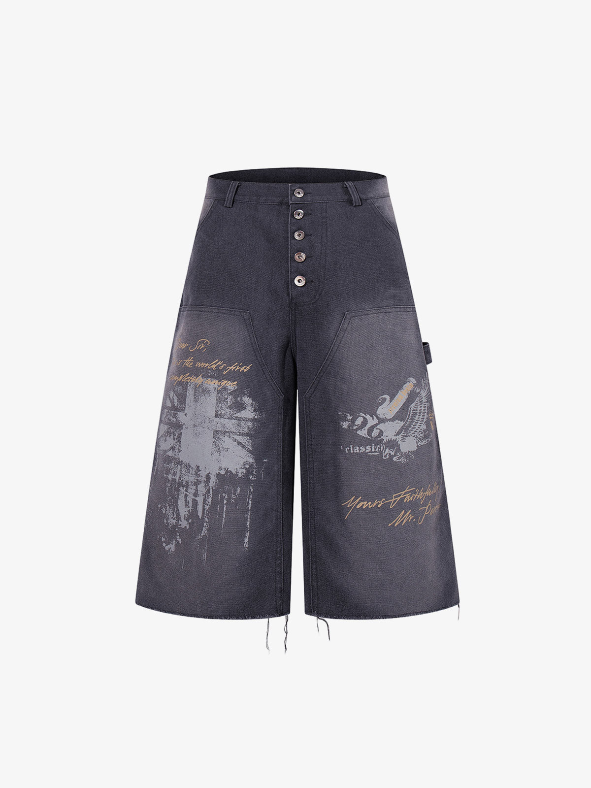 Multi-Button Distressed Print Jorts 