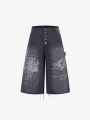 Multi-Button Distressed Print Jorts 