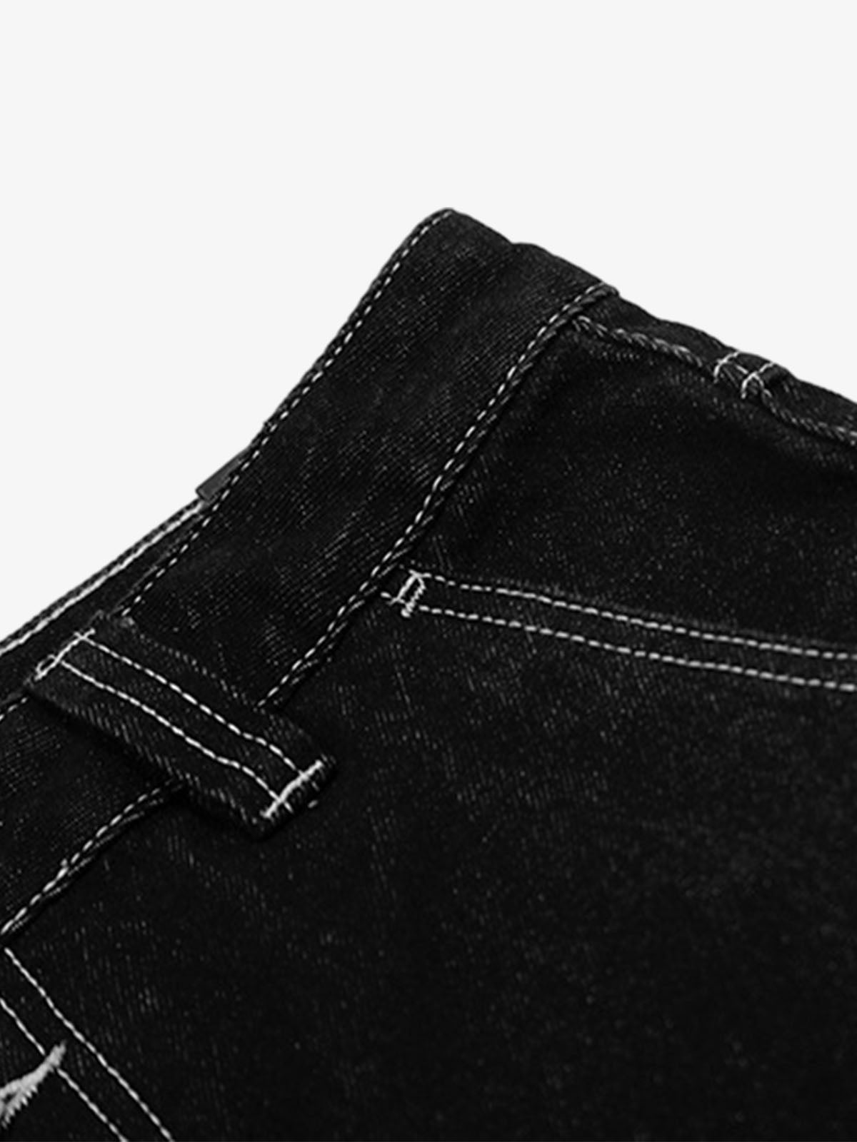 Retro Black Multi-pocket Exposed Raw Edge Cropped Jeans 