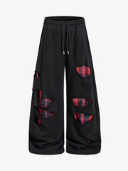 Plaid Patch Distressed Wide-Leg Sweatpants
