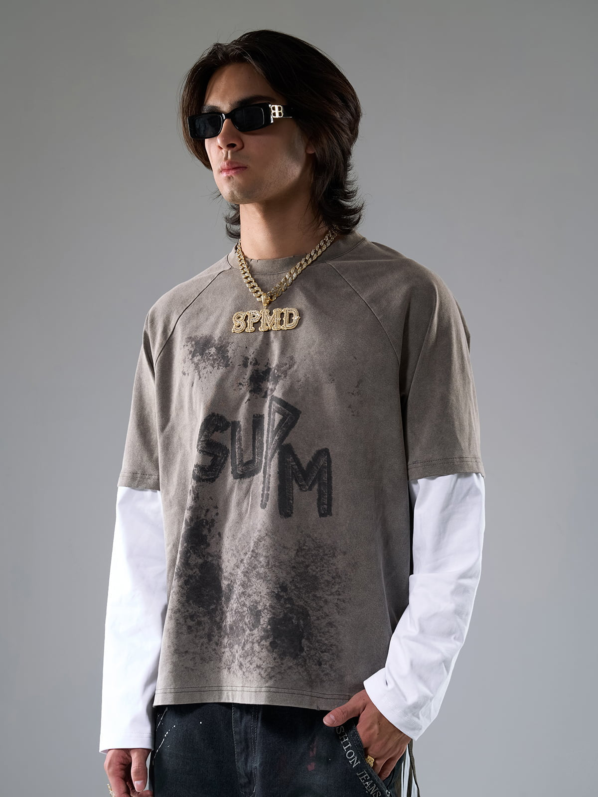 Washed Contrast Color Print Long Sleeve Cotton T-shirt 