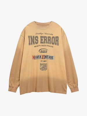 Letter Printed Washed Distressed Gradient Long Sleeve T-Shirt 