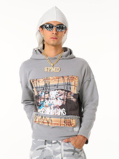 Distressed Hooded Sweatshirt with a Famous Painting of Thorn Destruction 