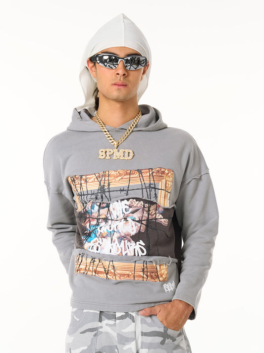 Distressed Hooded Sweatshirt with a Famous Painting of Thorn Destruction 