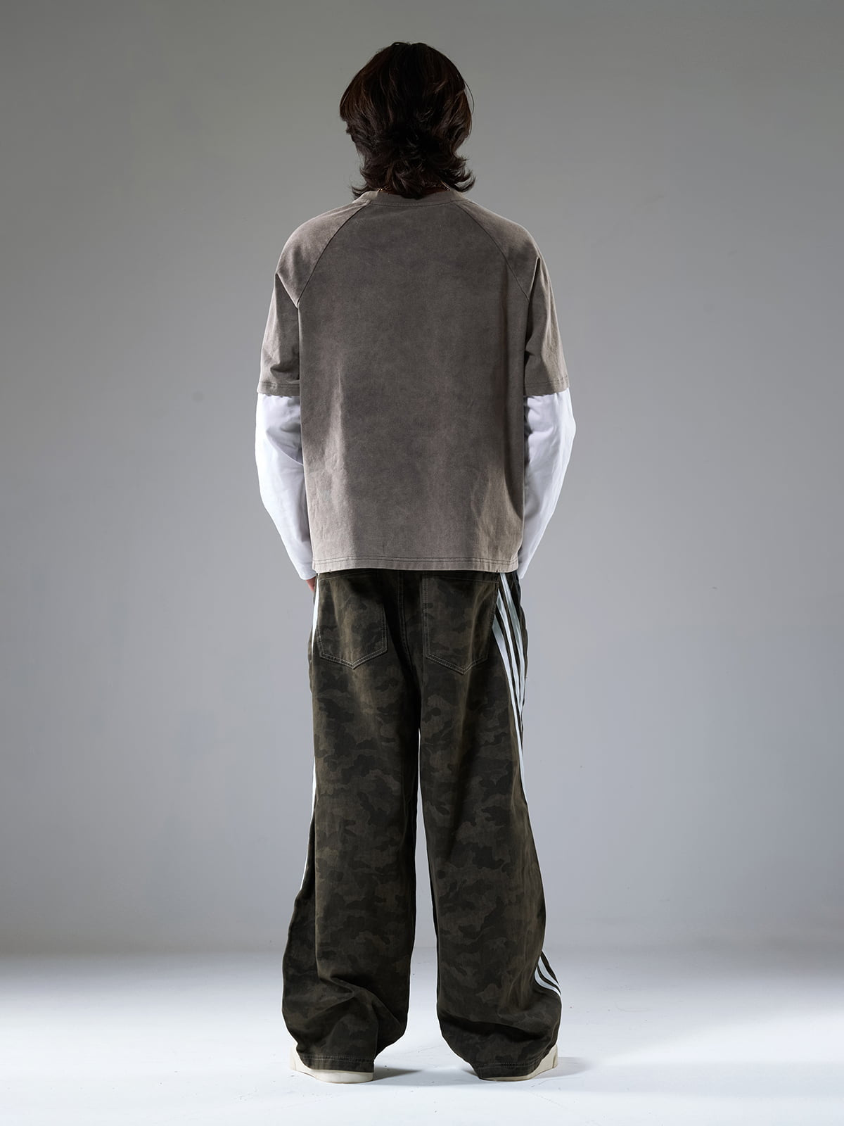 Washed Contrast Color Print Long Sleeve Cotton T-shirt 