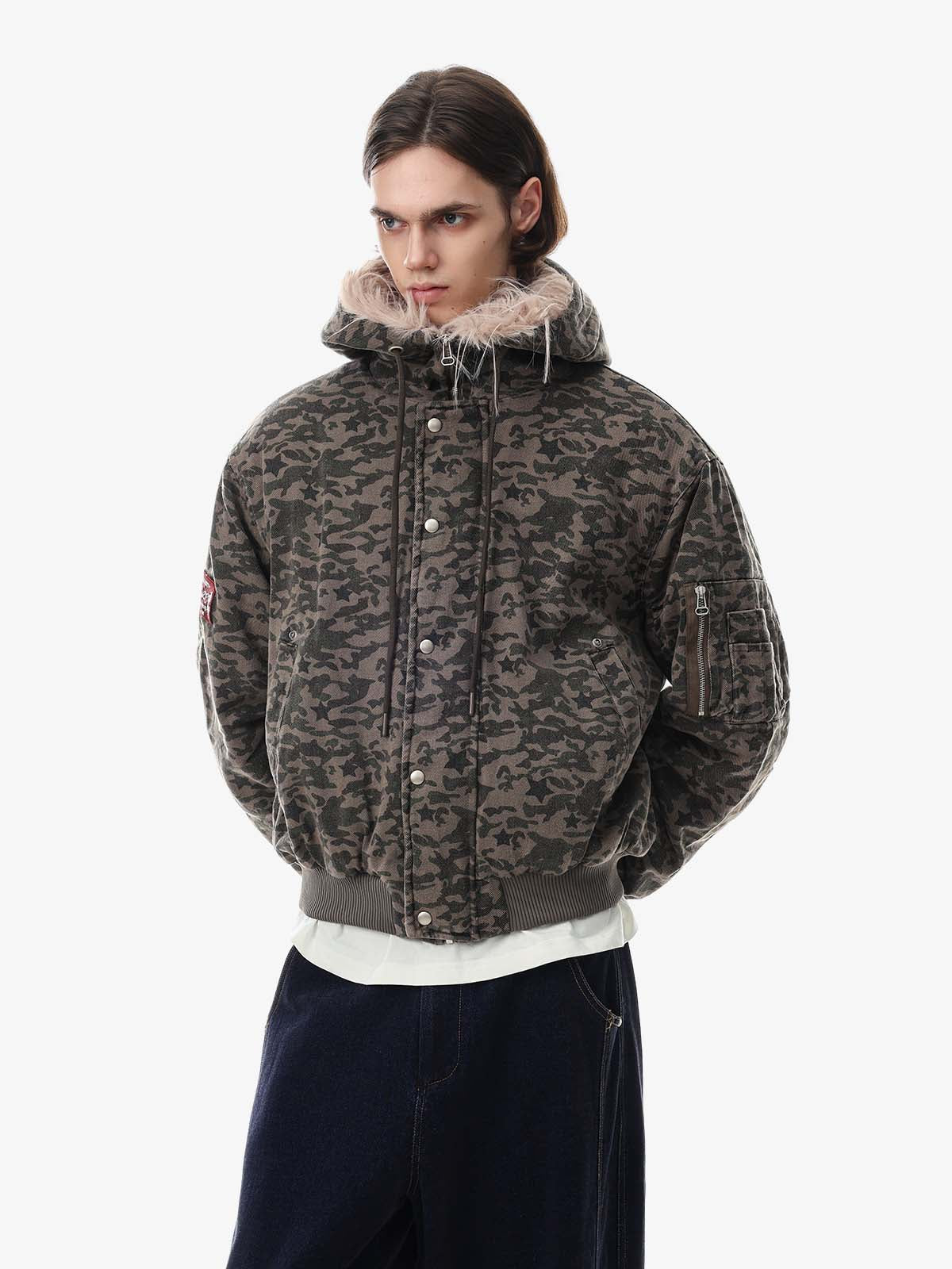 Street Style Fur Collar Camouflage Hooded Coat