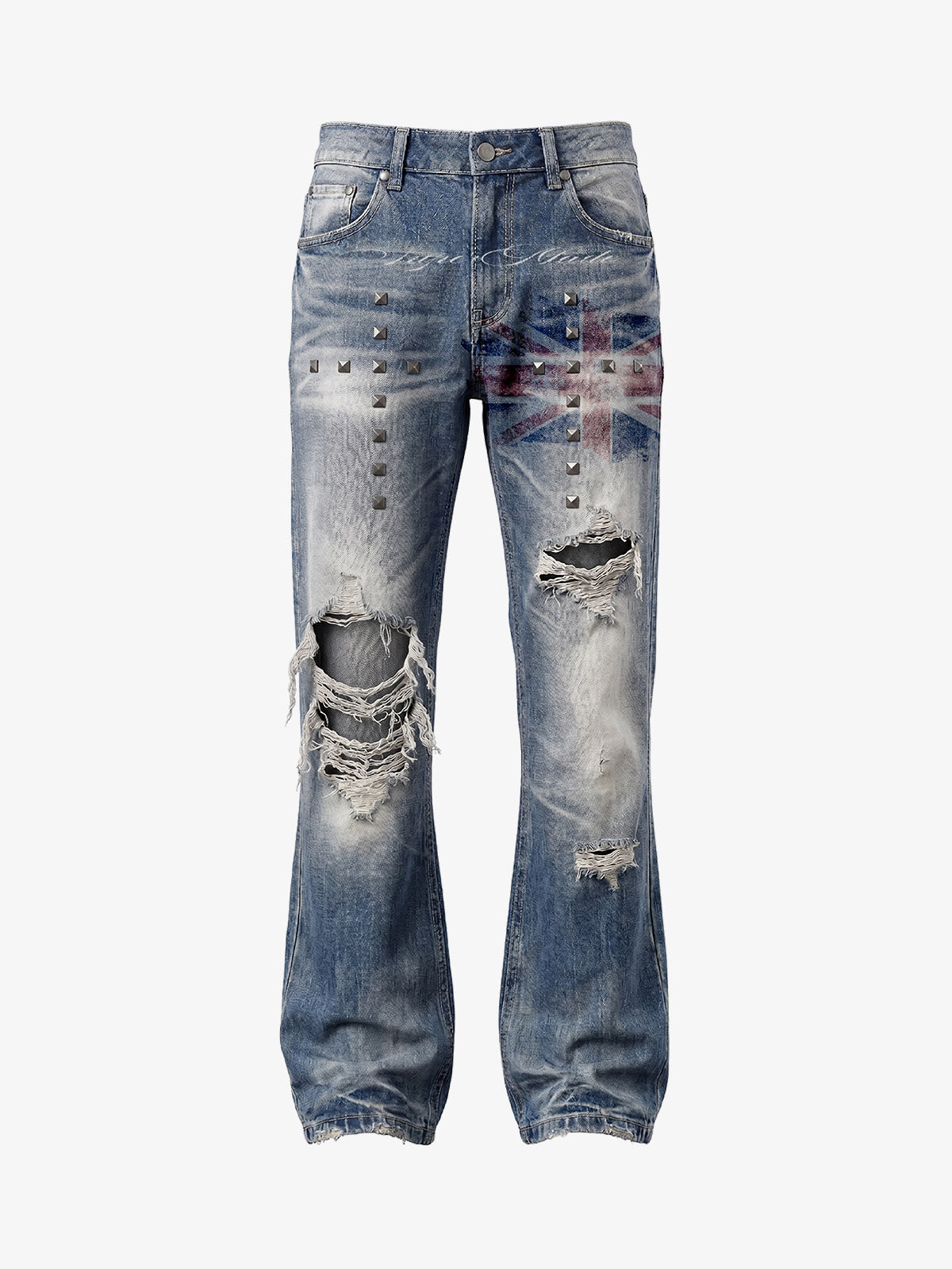 Pantalones vaqueros de bota con bandera y tachuelas