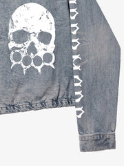 Anti-War Graphic Stand-Collar Denim Zip Jacket