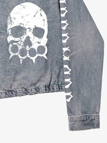 Anti-War Graphic Stand-Collar Denim Zip Jacket